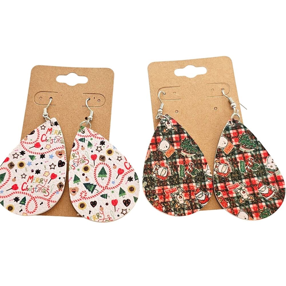 Christmas Earrings Lot of 2 Teardrop Faux Leather Santa Plaid Tree Holiday Gift
